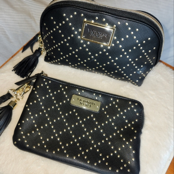 2 Pack! Victoria's Secret Studded Cosmetic Bag with matching Clutch Wristlet - Picture 2 of 8